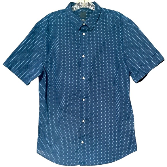 H&M Men’s Navy Blue Short Sleeve Polka Dot Button Down - Picture 1 of 7